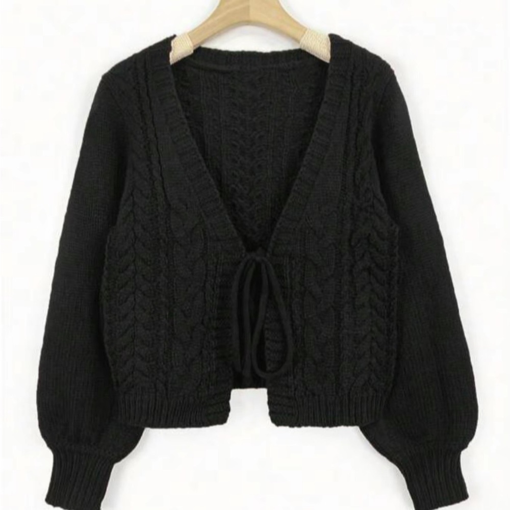 Women's Solid Black Long Sleeve Tie Front Sweater Cardigan Size Large N…